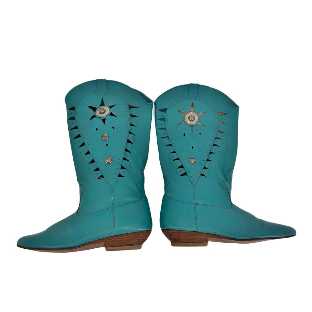 Vintage 80s Concho Stoned Southwestern Cowgirl Boots 6 / 5.5 Turquoise Leather - Picture 4 of 15
